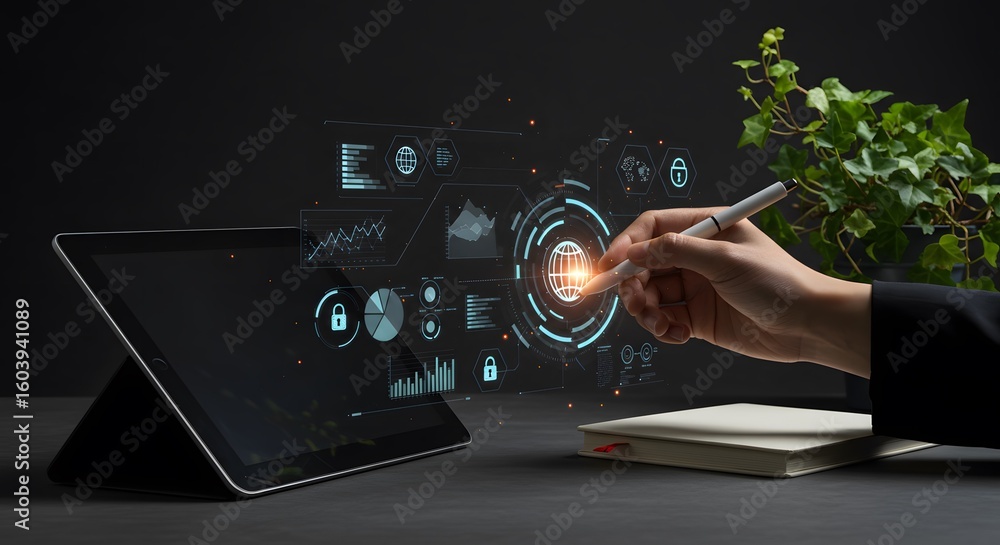 Poster modern digital interface with hand interacting, data analysis and global network security.