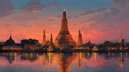 Fototapeta premium Wat arun temple illuminated by sunset sky with detailed architecture creating stunning cityscape scene