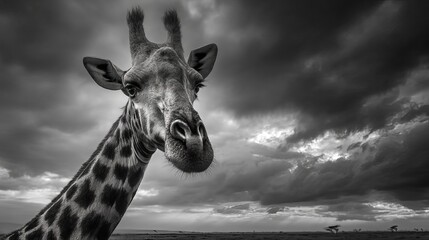 Obraz premium A majestic giraffe gazing into the distance under a dramatic sky.