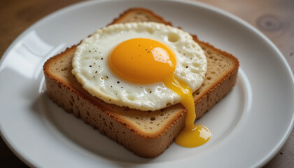 Delicious breakfast with fried egg atop of brown toast.  