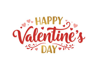 Happy valentine's day text with hearts and decorative swirls on a white background