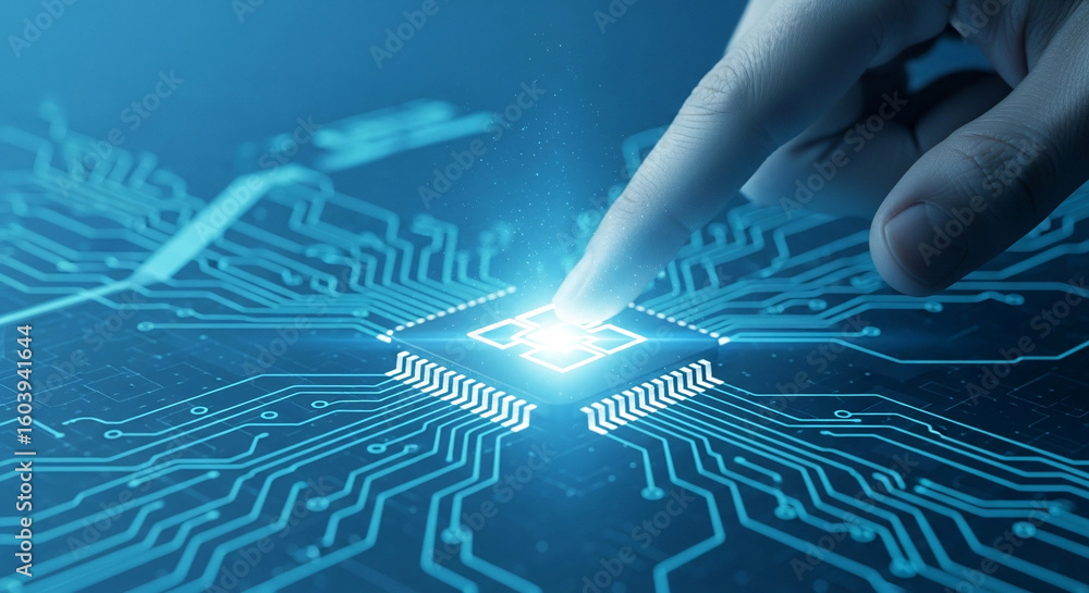 Aufkleber innovative technology concept. a finger touches a glowing cpu on a futuristic circuit board, symboli