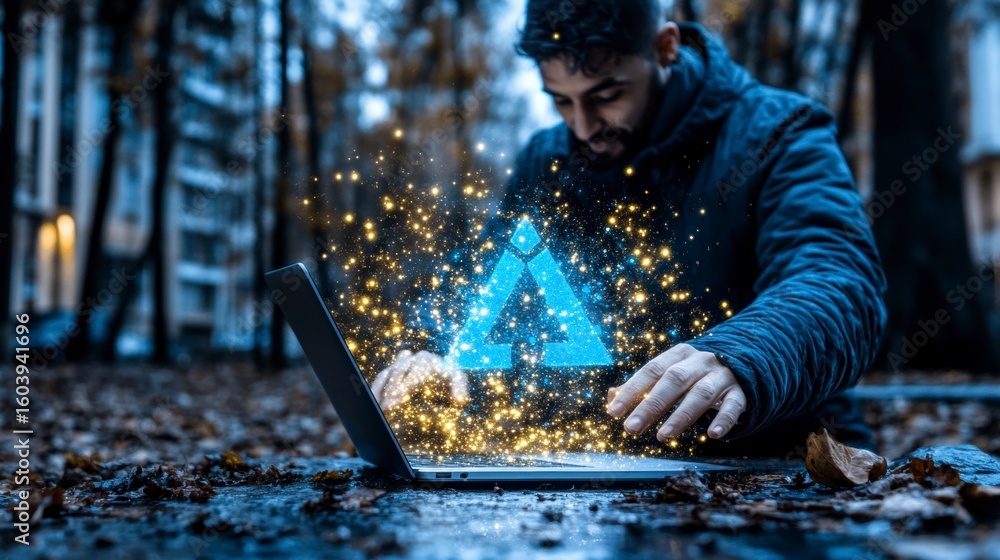 Aufkleber man working on laptop with magical digital particles