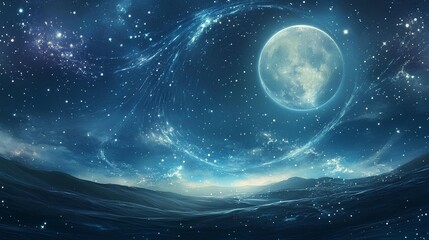 Celestial Serenity: A mesmerizing illustration of a moonlit night sky with a prominent full moon, constellations, and swirling ethereal clouds over a serene water body, creating a sense of wonder.