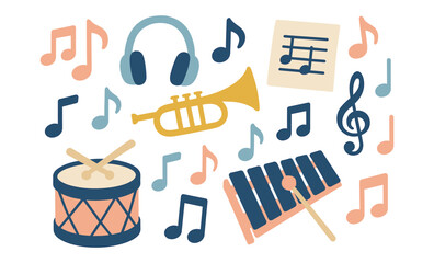 Colorful musical icons with instruments and notes