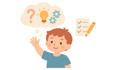 Child thinking concept: problem solving and creativity with light bulb and checklist
