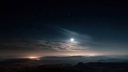 Night landscape with moonlit mountains and starry sky