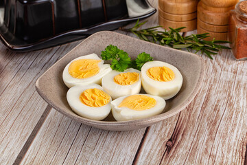 Boiled chicken eggs with bright yolk