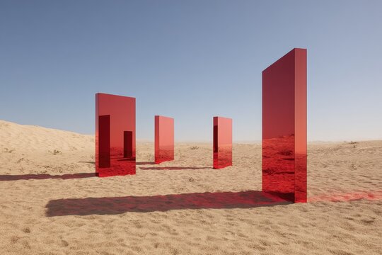 Red glass monoliths in desert landscape