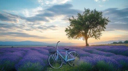 Fototapeta premium Lavender Field Bicycle: A scenic shot of a vintage bicycle with a basket parked amongst vibrant lavender fields under a serene sky, suggesting leisure and tranquility.