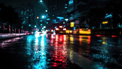 Fototapeta premium Blurry night cityscape view of wet street