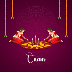 Happy Onam Post and Greeting Card. Minimal and Modern Onam Festival Poster and Flyer Template with Text and Onam Boat Race Vector Illustration