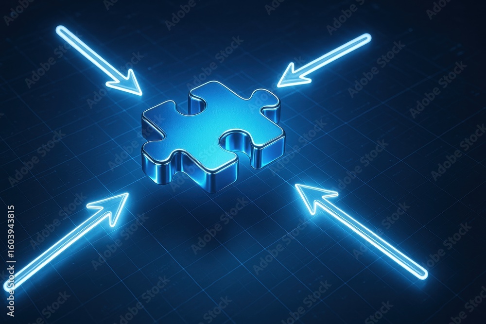 Poster puzzle piece integration: illuminated by futuristic lighting, a singular puzzle piece is at the cent