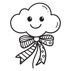  A black and white line art illustration of a charming balloon shaped like a smiling cloud, featuring a patterned ribbon flowing downwards with alternating stripes and polka dots.