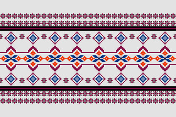 Pixel pattern composed of geometric shapes and flowers, using color tones of dark pink, blue and orange.