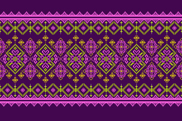 Seamless pixel fabric patterns in floral and geometric shapes, combining small and large elements on a pink and purple background, accented with light green pink and yellow.