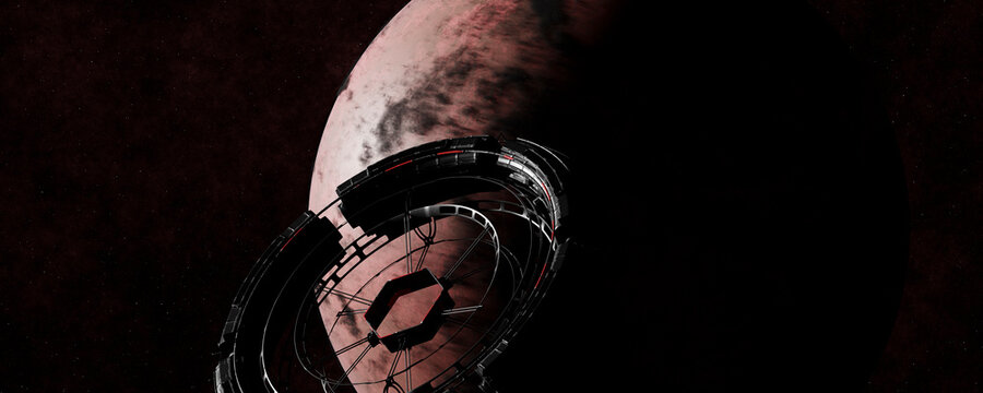 Futuristic base and starship orbiting Mars in outer space