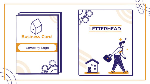 Illustration of a business card with a logo and a letterhead with a man walking to a house design
