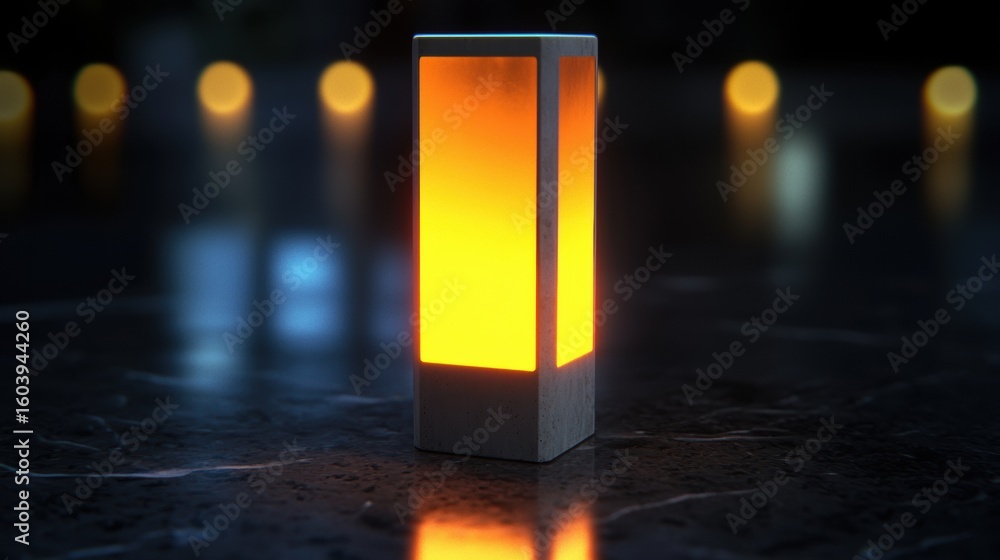 Poster a modern lamp with a square base and a rectangular shade illuminated by orange light.