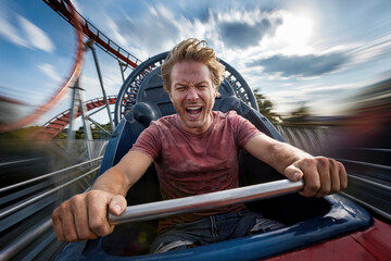 Man is riding down a carousel at high speed.