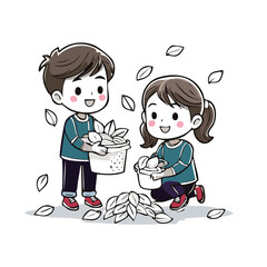 Happy kids collect fallen leaves with buckets in an autumn setting