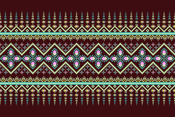 The deep red background is composed of a seamless arrangement of pixelated geometric shapes and beautiful, vibrant floral patterns.