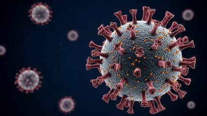 A 3D illustration of the SARSCoV2 virus the cause of COVID19 with a detailed virion in the foreground - Powered by Adobe