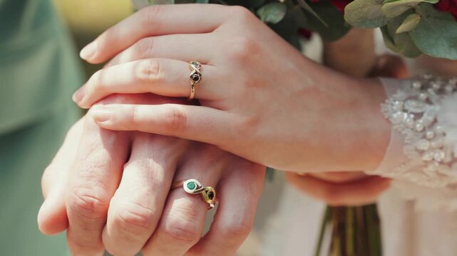 Close up of couple's hands with wedding rings symbolizing love, unity, and commitment