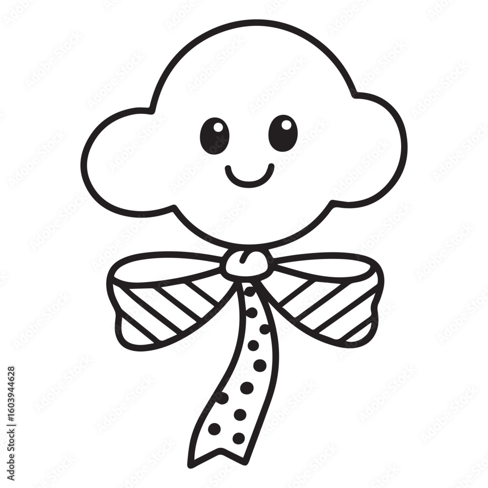 Fototapete  A black and white line art illustration of a charming balloon shaped like a smiling cloud, featuring a patterned ribbon flowing downwards with alternating stripes and polka dots.