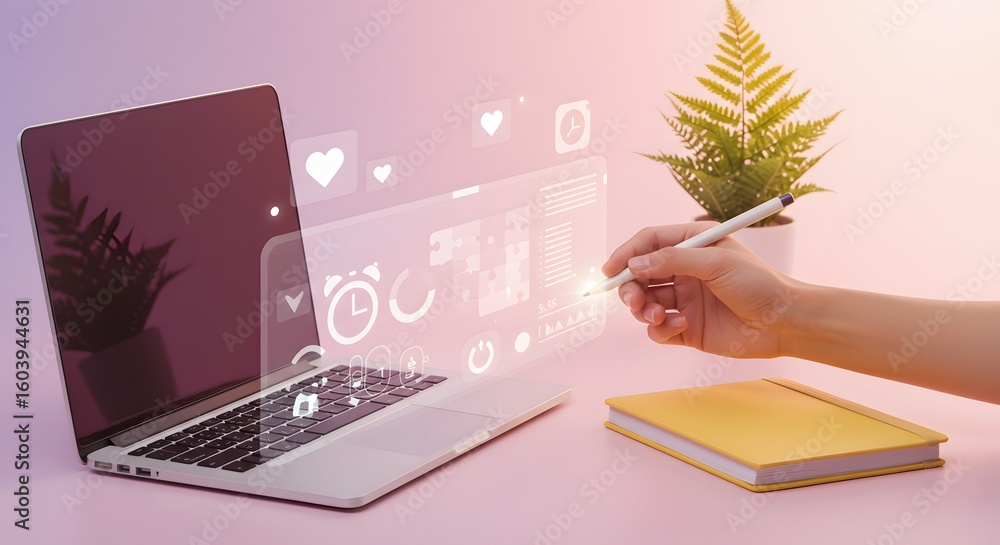 Poster creative hand using digital pen to analyze data with laptop and modern interface design