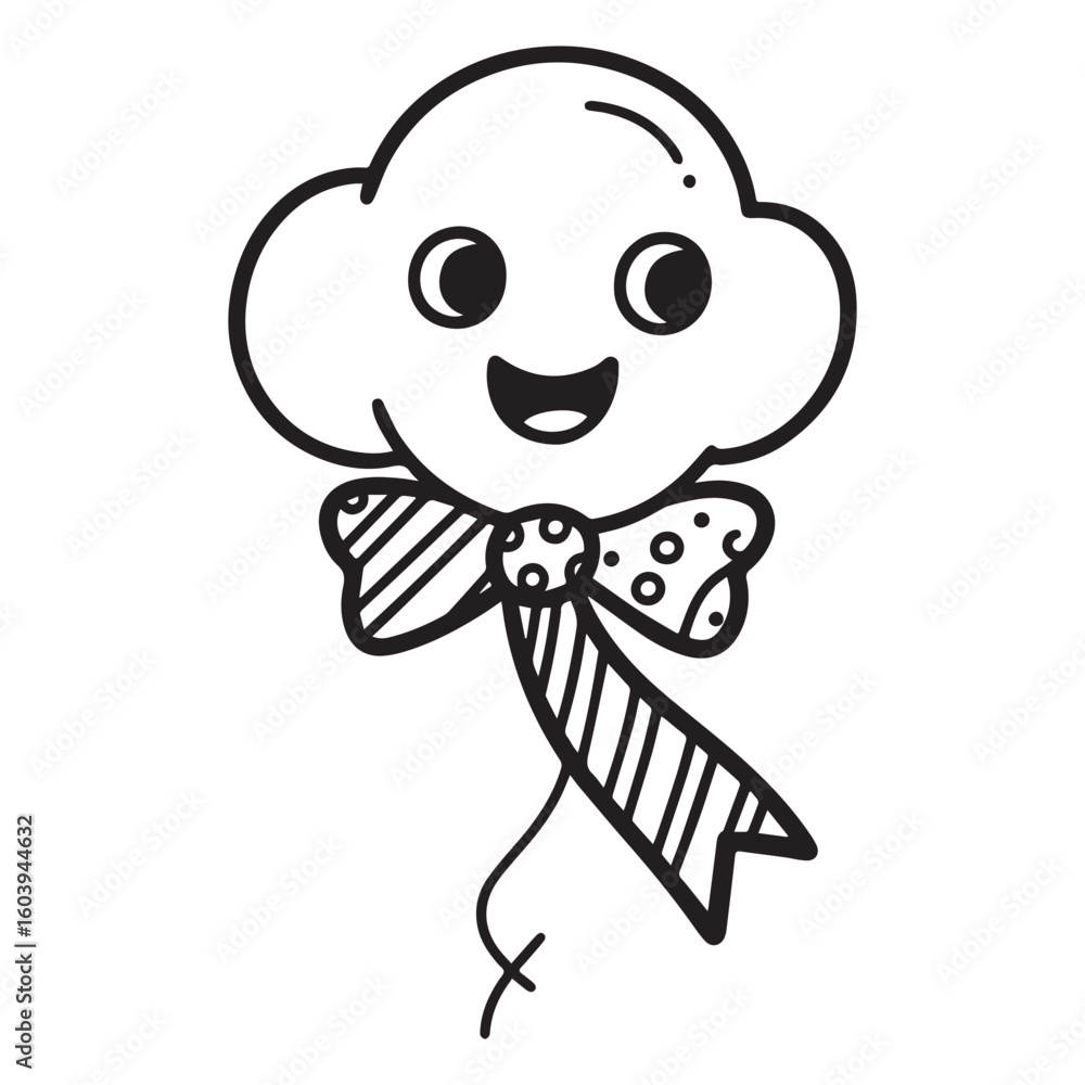 Fototapete  A black and white line art illustration of a charming balloon shaped like a smiling cloud, featuring a patterned ribbon flowing downwards with alternating stripes and polka dots.