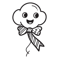  A black and white line art illustration of a charming balloon shaped like a smiling cloud, featuring a patterned ribbon flowing downwards with alternating stripes and polka dots.