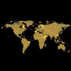  Golden lines and dots forming a minimalist world map, with glowing nodes at major financial centers, depicting global economic interconnectedness.