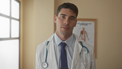 Man doctor with stethoscope looks at camera in modern sunlit clinic; trust professionalism...