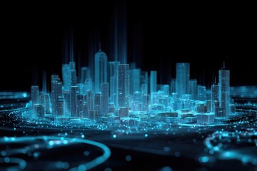 Futuristic city skyline, digital network