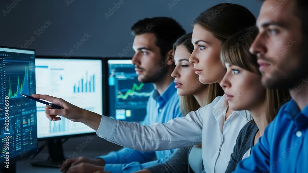 Poster a diverse team of professionals intently analyzes financial data displayed on multiple computer scre