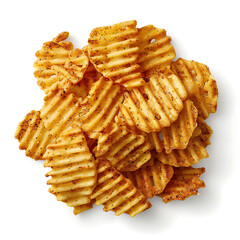 Heap of Wavy, Seasoned Potato Chips Isolated on White Background