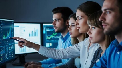 A diverse team of professionals intently analyzes financial data displayed on multiple computer screens, collaborating on a trading strategy - Powered by Adobe