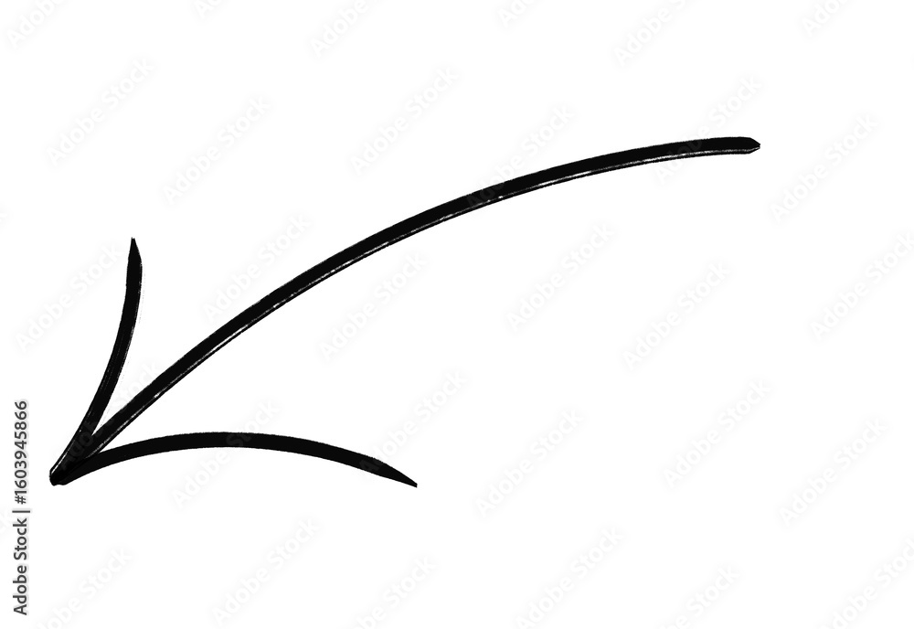 Poster handdrawn curved pointing arrow with artistic brush stroke in black, isolated design element on tran
