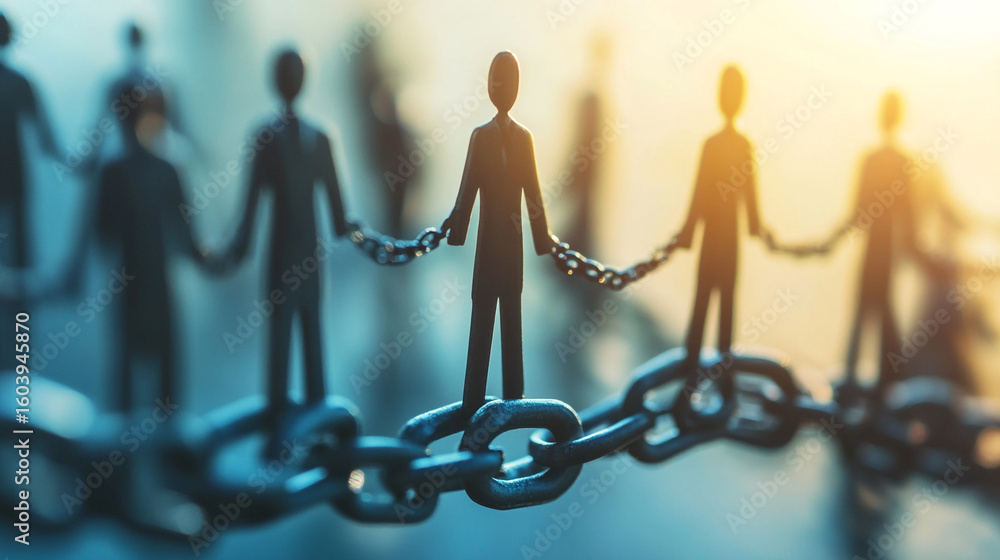 Poster interconnected figures linked by a chain symbolizing unity and dependence