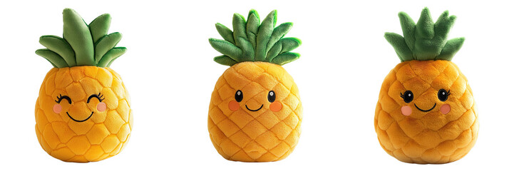 Set of Cute Yellow Pineapple Stuffed Dolls with Embroidered Faces and Soft Green Crowns Isolated on Transparent Background