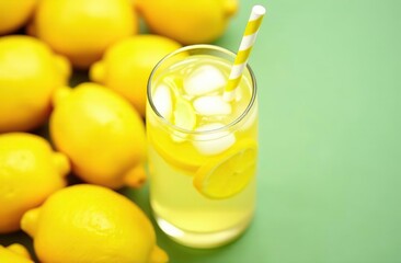 Cold Lemonade with ice and cocktail tube. Summer drink with lemons and empty space for text. Perfect ads branding banner for Summer drink with glass of fresh Lemonade.