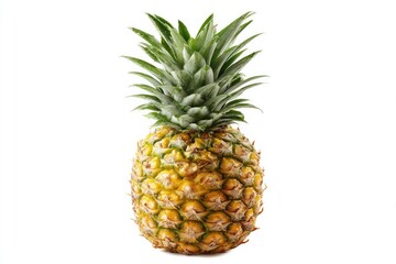 Closeup of a Ripe Yellow Pineapple with Green Leaves on White Background