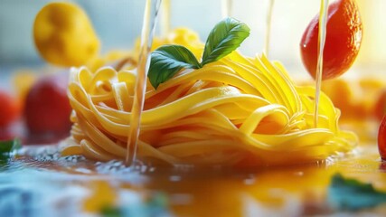 A close-up of a dish of macaroni pasta with vibrant tomato sauce, garnished with fresh basil leaves and drizzled with olive oil. This classic Italian meal is both delicious and healthy.