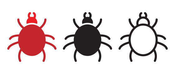 Color Variations of Bug Icons. Red, Black, and White Insect Symbols for UI and Graphic Design.