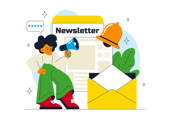 Email Newsletter Vector Illustration Featuring an Envelope, Electronic Mail Message, or Mobile Service in a Flat Style Cartoon Design