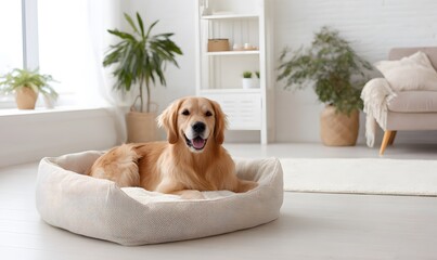 Old brown golden retriever relaxing on his pet bed