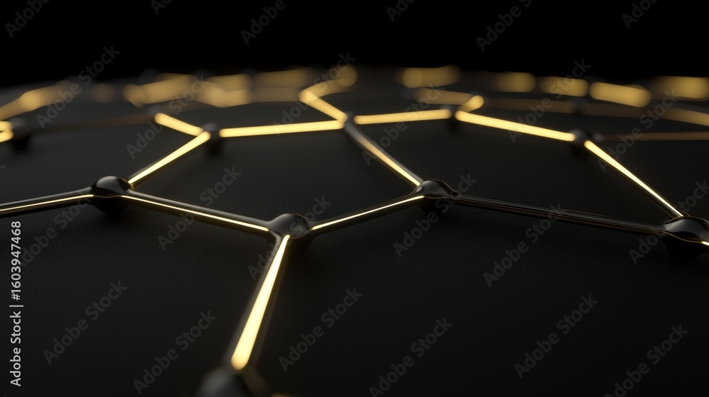 Poster a 3d rendering of a complex network of interconnected gold-colored spheres.