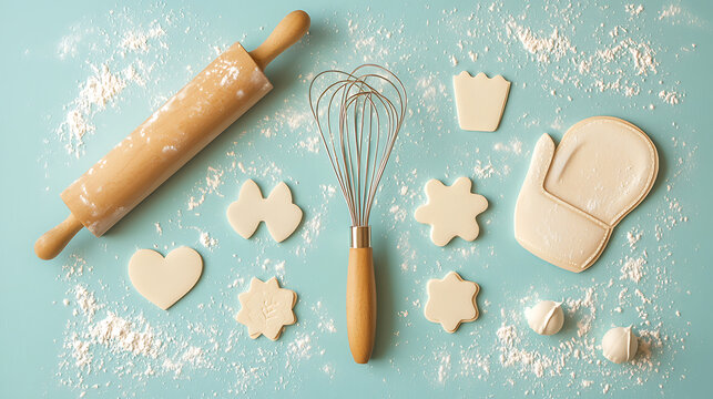Baking essentials flat lay with rolling pin, whisk, and cookie dough shapes on a blue background sprinkled with flour.
