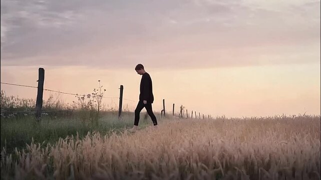 A lone individual strolling along a wheat field at dusk.